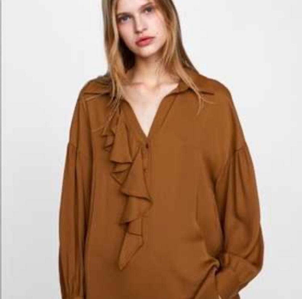ZARA Woman Brown Ruffle Front Blouse Top Long Sleeve Button Up Size Small